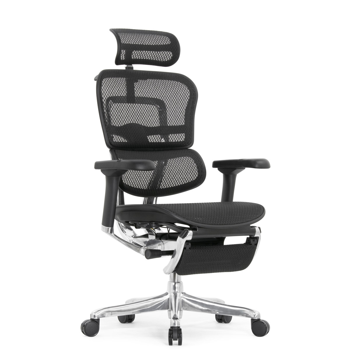 Эргономичное кресло Falto Ergohuman 2 Elite с подножкой (алюминий, наклон вперёд, сетка, чёрный)
